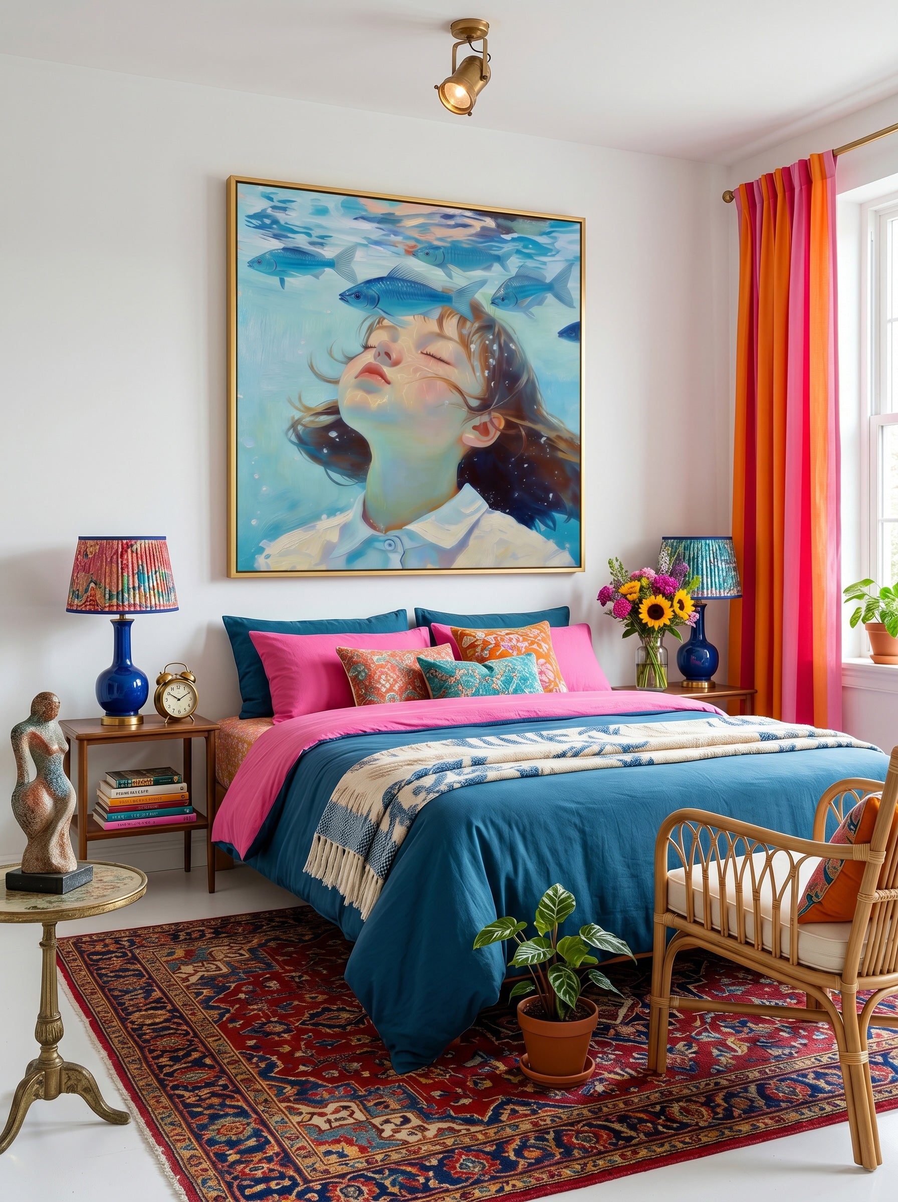 Hand Painted Square Canvas Art Girl Swimming With Fish Contemporary Interior Design