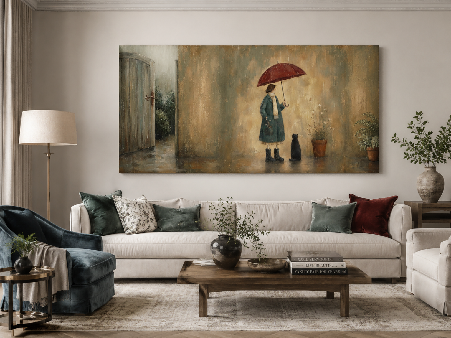 Serene Woman With Umbrella And Black Cat Horizontal Canvas Art For Quiet Spaces