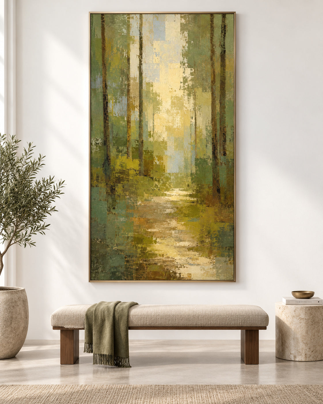 Abstract Forest Path Hand-Painted Canvas Art With Green And Gold Tones