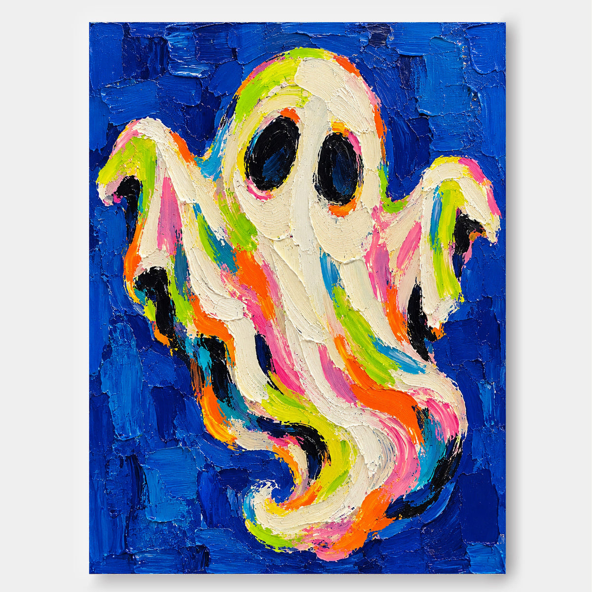 Hand-Painted Neon Ghost Abstract Art On Deep Blue Canvas