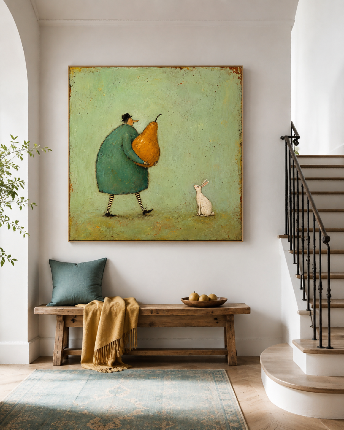 Whimsical Retro Illustration Original Canvas Painting Green Orange