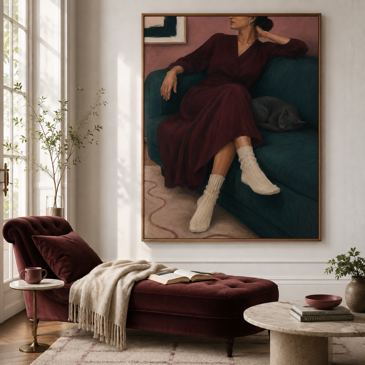 Elegant Living Room Wall Art With Woman And Sleeping Cat In Warm Tones