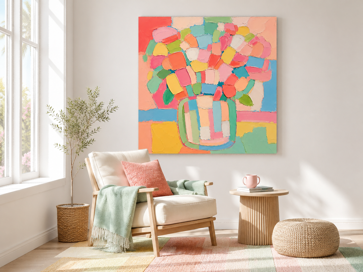 Abstract Floral Still Life Canvas Painting With Macaron Colors And Impasto Texture Contemporary Collage Style Oil Painting With Textured Geometric Flower Patterns