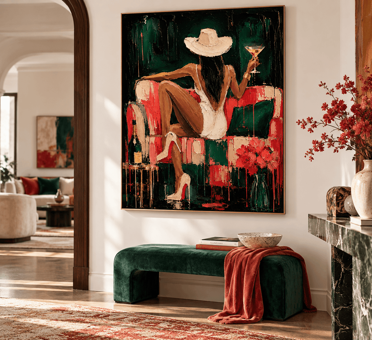 Elegant Woman In White Hat With Cocktail Modern Canvas Painting