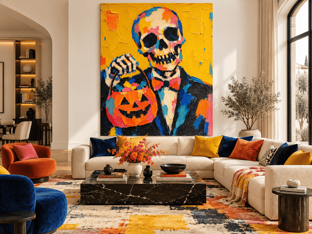 Modern Abstract Skeleton Painting With Retro Vintage Vibes Vibrant Halloween Wall Art