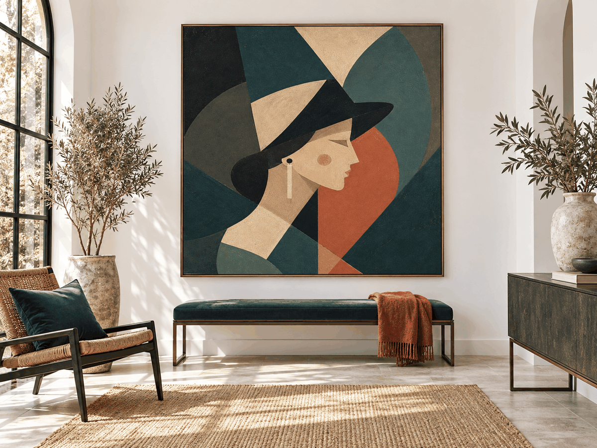 Minimalist Art Deco Style Painting With Morandi Green And Red Tones
