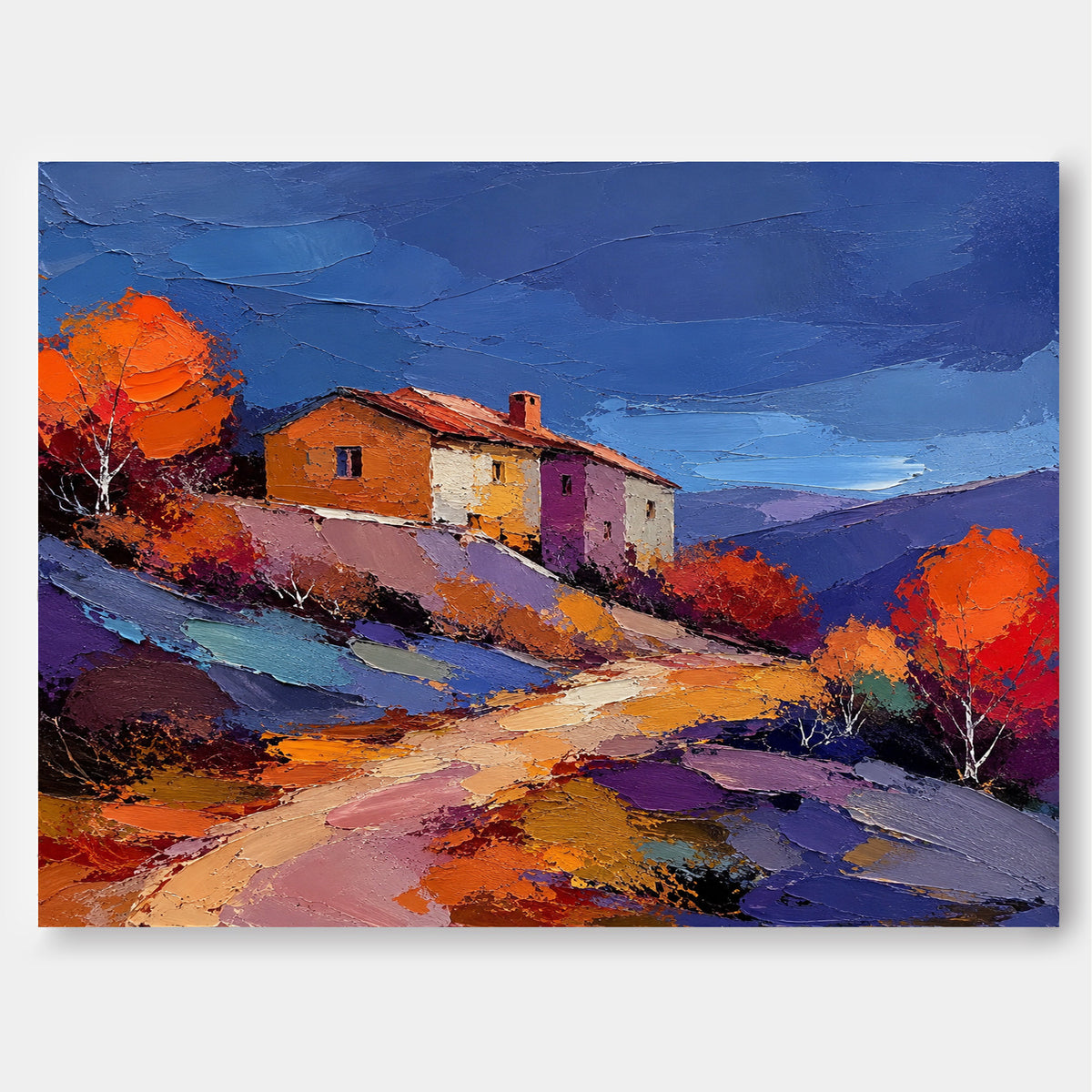 Hand-Painted Autumn Landscape With Cottage And Colorful Hills Canvas Art