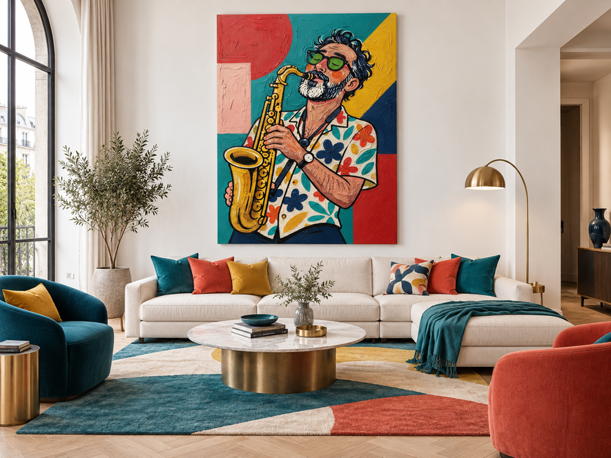 Modern Pop Art Canvas Painting Of A Bearded Man With Glasses Playing Sax In Retro Style