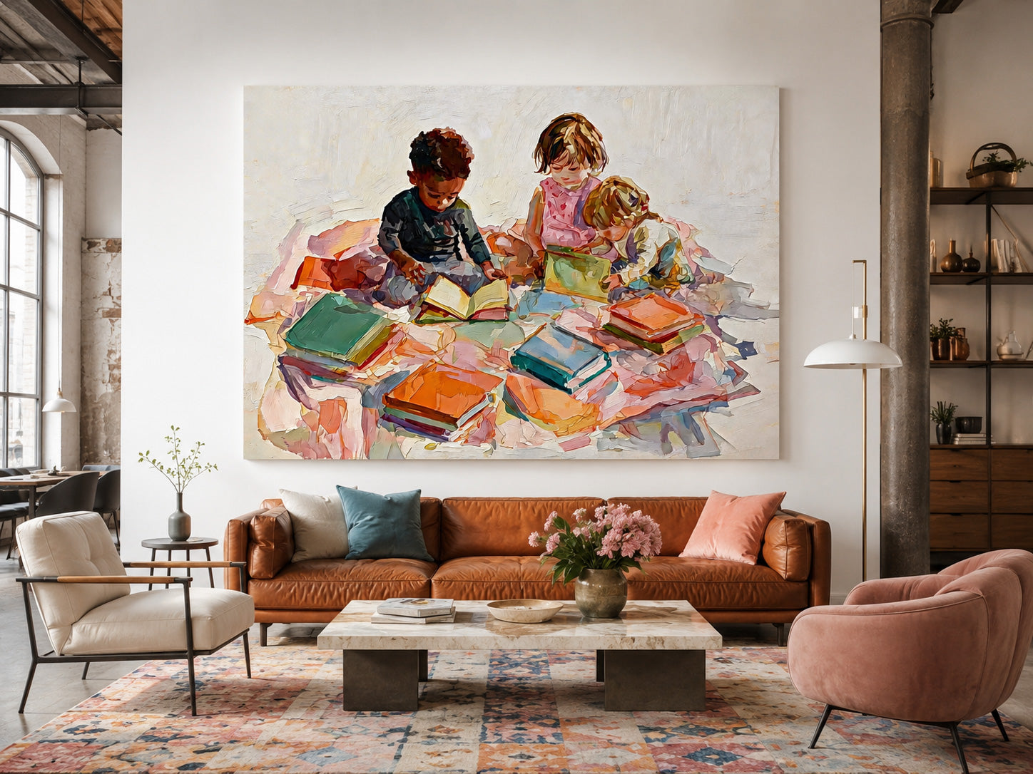 Modern Impressionist Oil Painting Of Kids Playing With Books