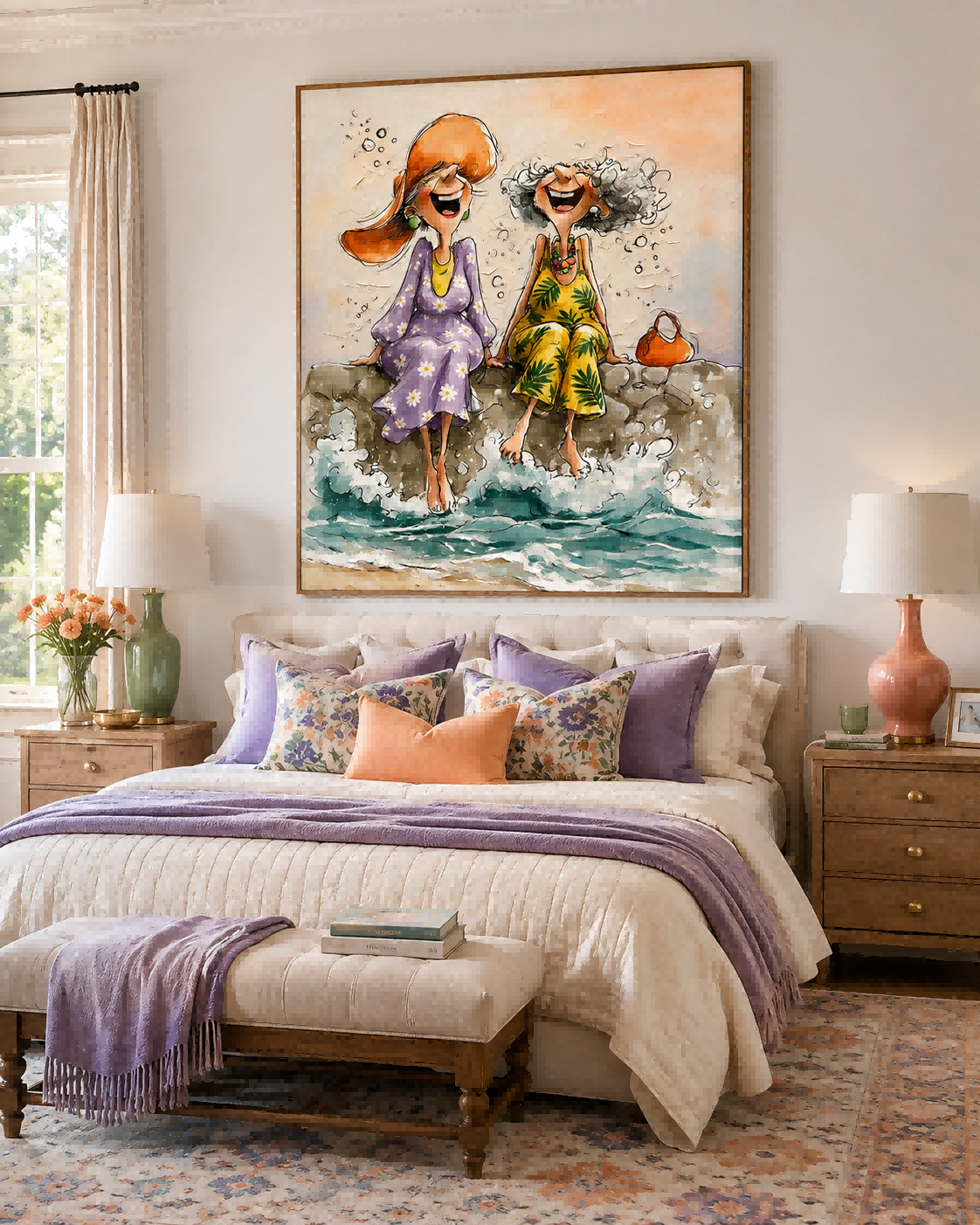 Whimsical Illustrative Oil Painting Of Women At Beach With Textured Canvas Finish