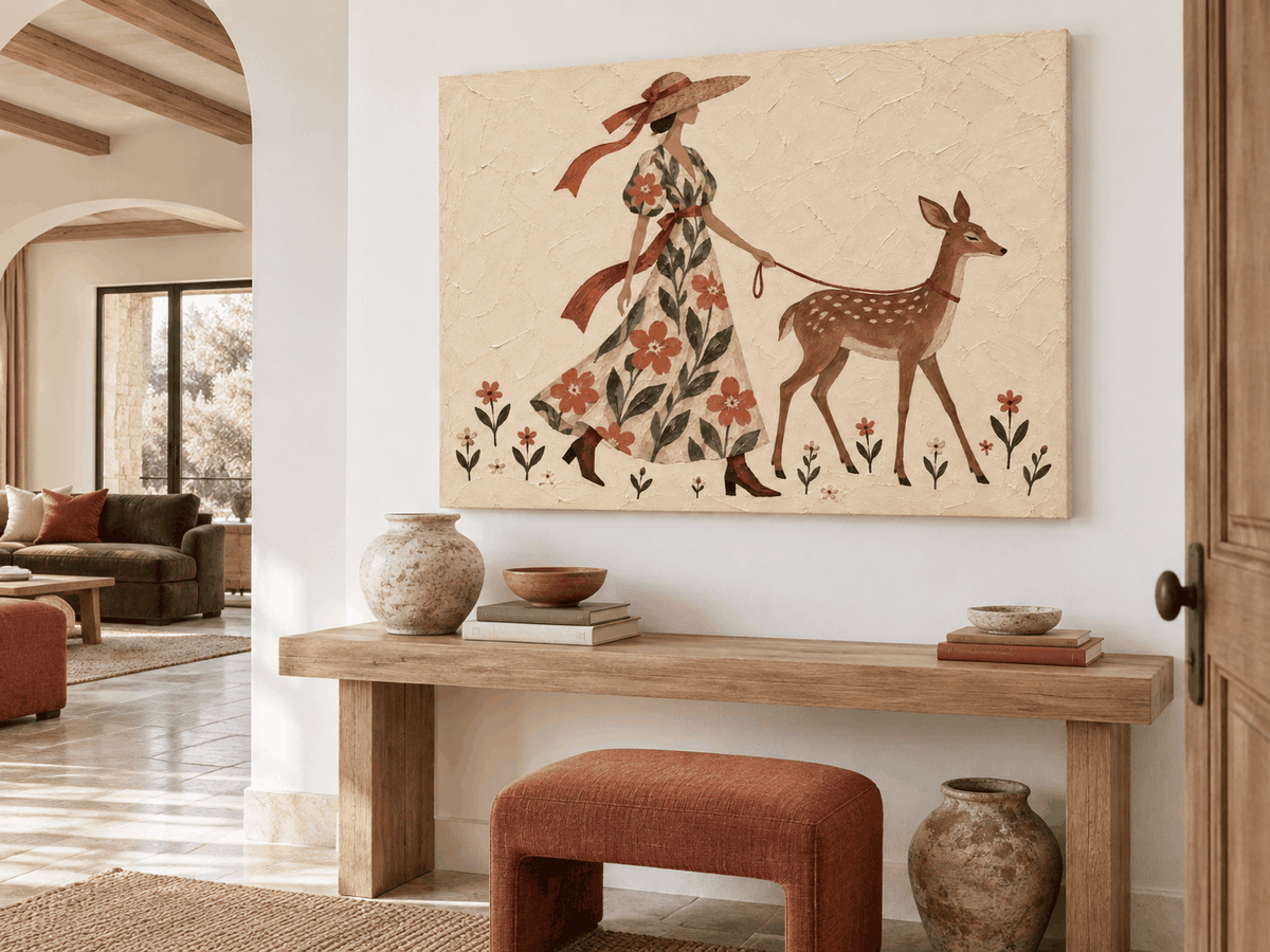 Lady With Deer Floral Hand-Painted Canvas Art In Warm Beige Tones