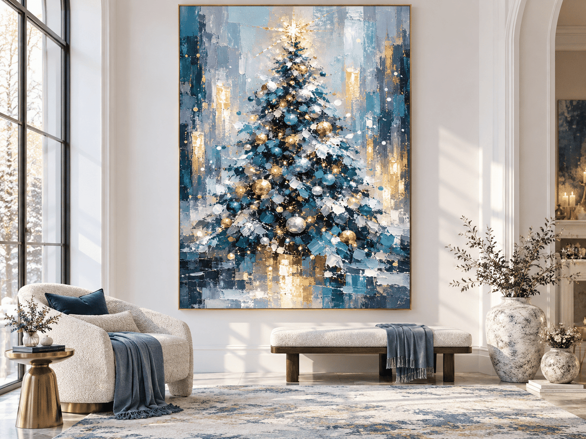Textured Abstract Art With Vintage Touch Abstract Blue And Gold Christmas Tree Canvas Painting Hand-Painted Modern Holiday Wall Art