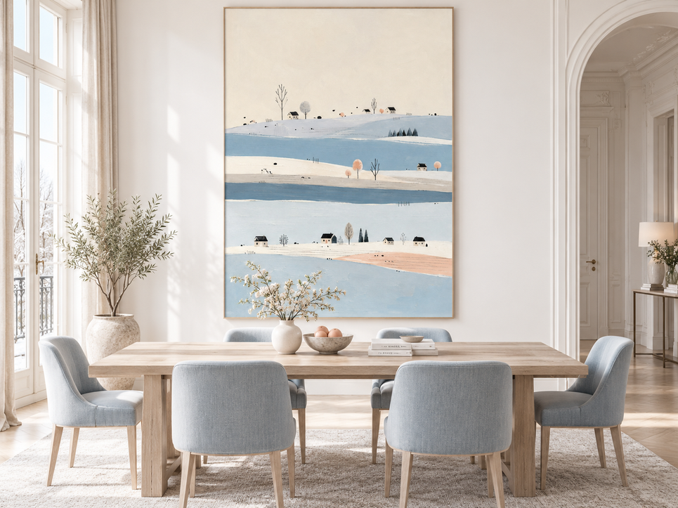 Minimalist Naive Art Oil Painting With Ethereal Snowy Village Scene