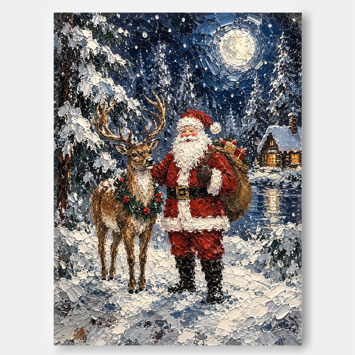 Santa And Reindeer Hand-Painted Canvas Art With Snowy Night Scene
