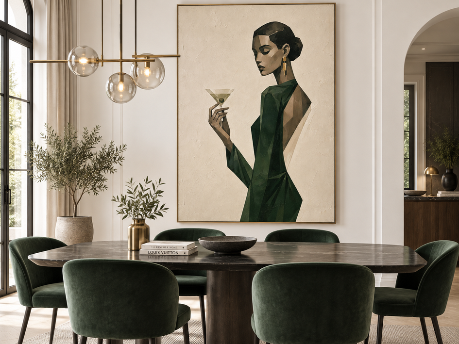 Vintage Woman With Martini Geometric Canvas Painting In Green And Beige