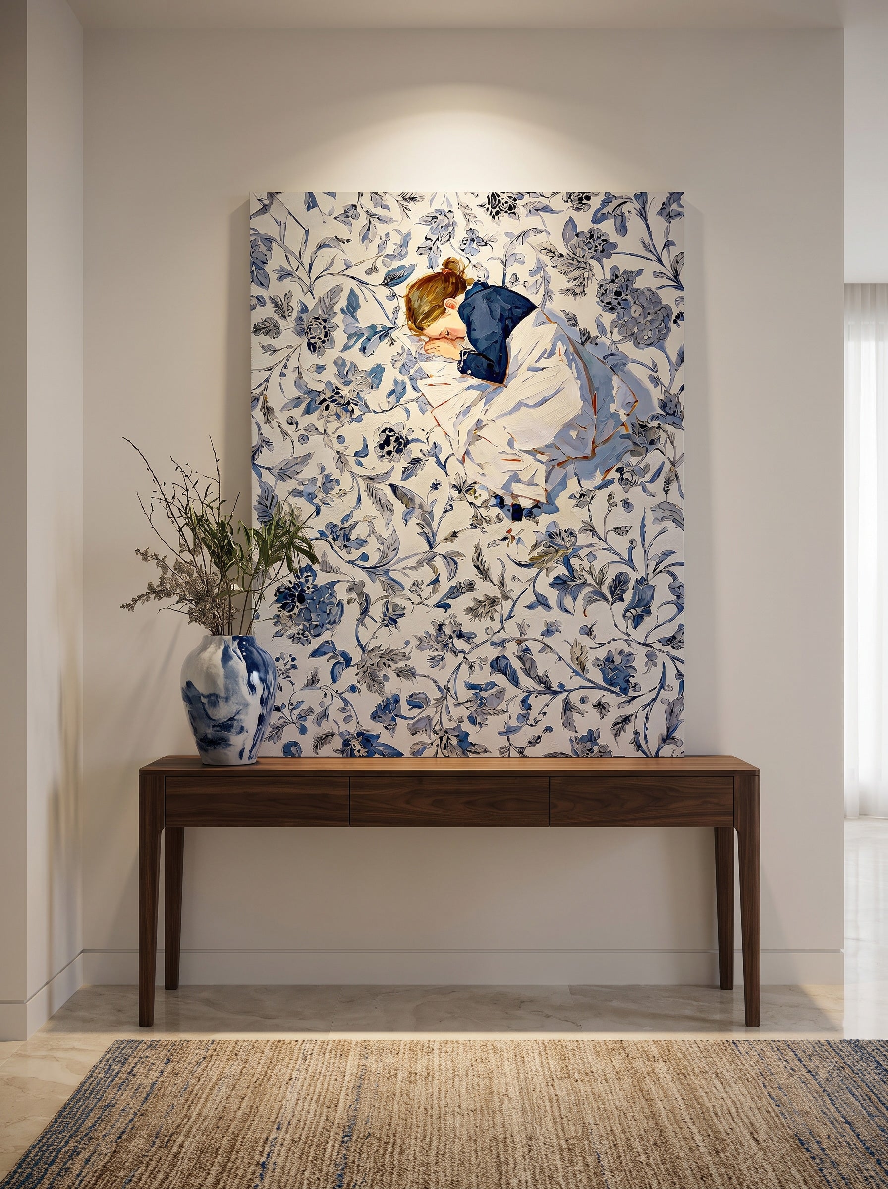 Vintage Illustrative Art With Delicate Texture And Blue White Tones