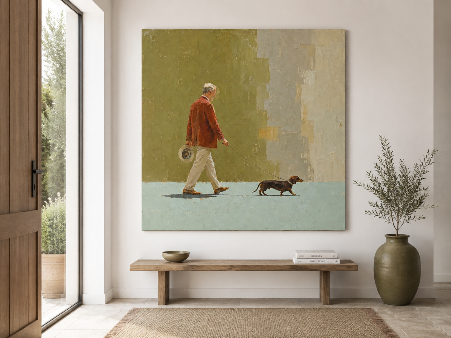 Classic Modern Figurative Art Oil Painting Of Gentleman With Pet