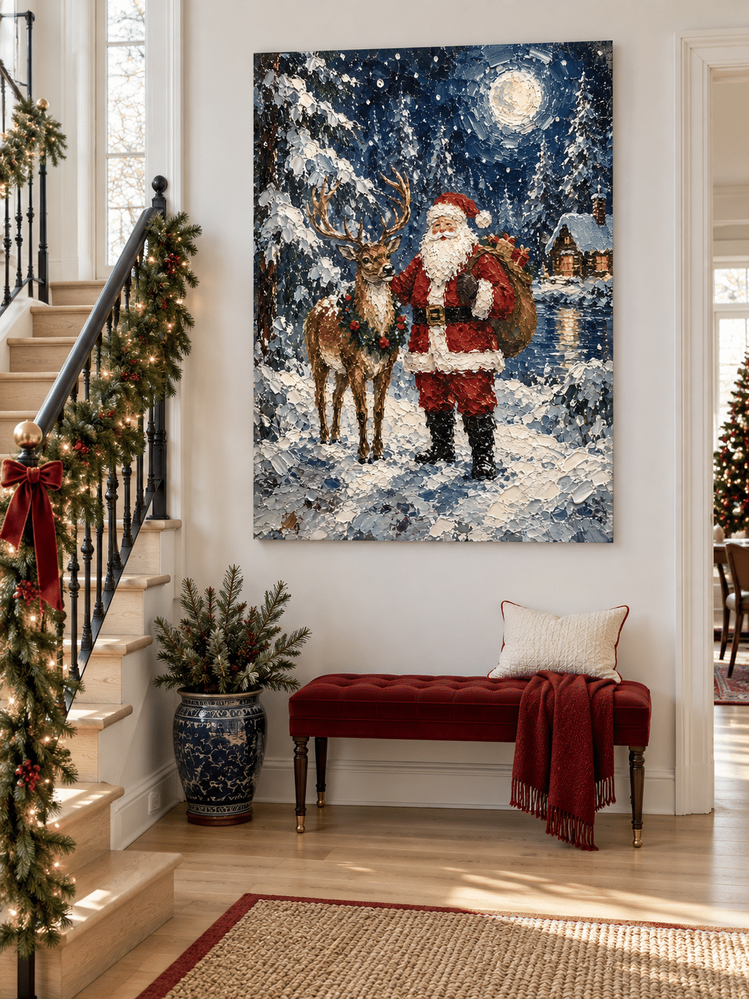 Santa And Reindeer Hand-Painted Canvas Art With Snowy Night Scene