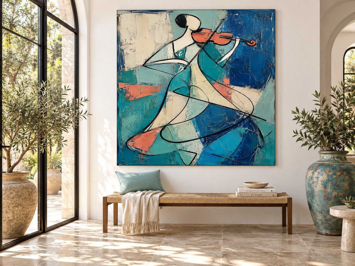 Cubist Style Geometric Abstract Painting With Textured Blue And Orange Tones