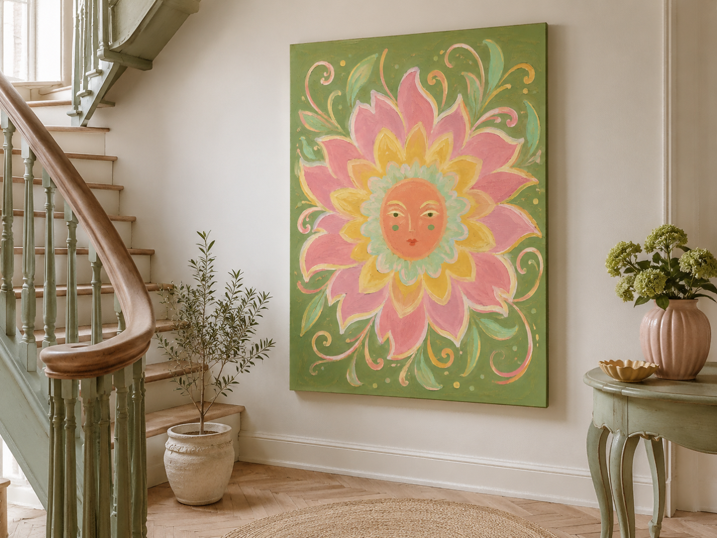 Art Deco Inspired Fantasy Flower Painting With Serene Sun Face Design