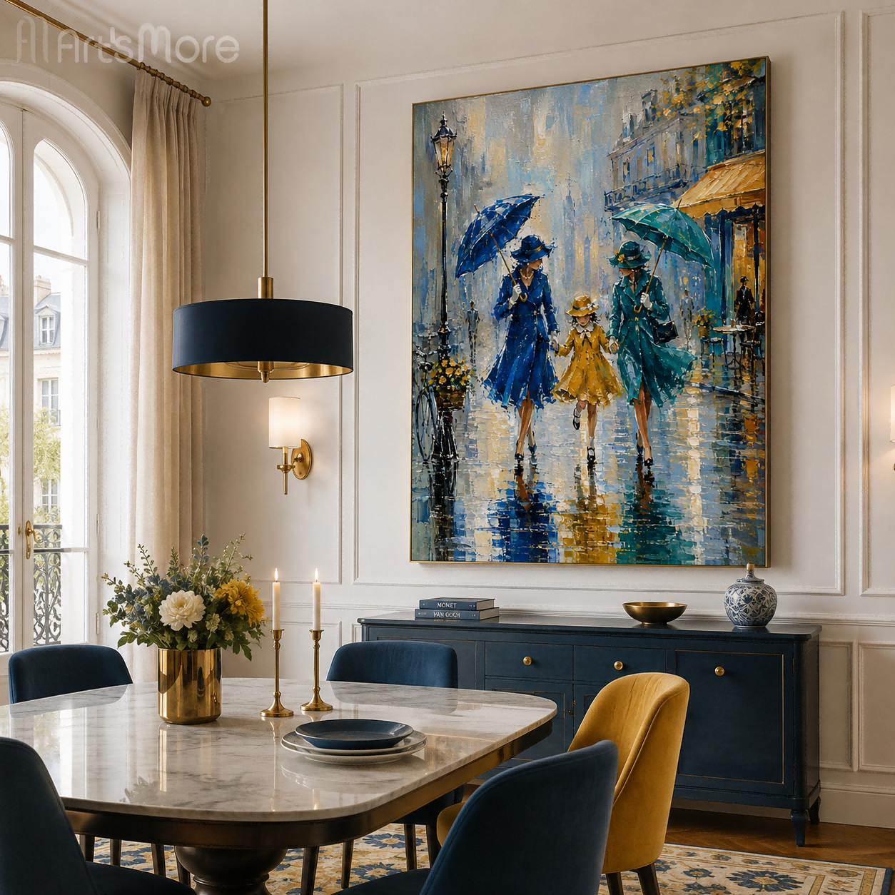 Impressionist City Life Painting With Umbrellas And Reflections In Blue And Yellow Tones
