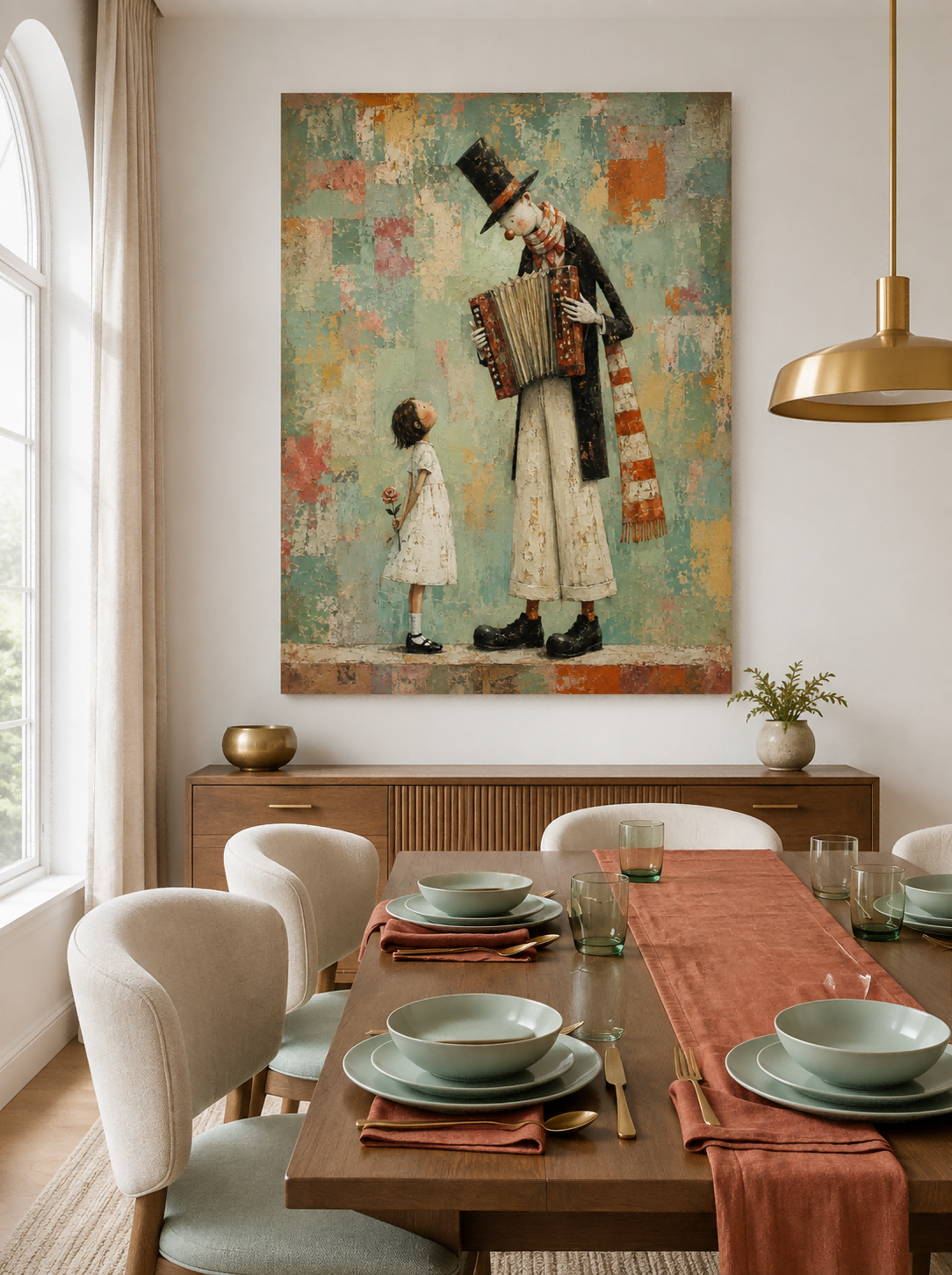 Hand-Painted Accordion Man And Girl Canvas Art With Rose Vintage Style