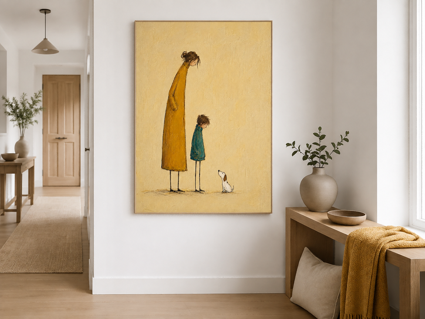 Naive Art Painting Of Mother Child And Dog For Modern Home Decor