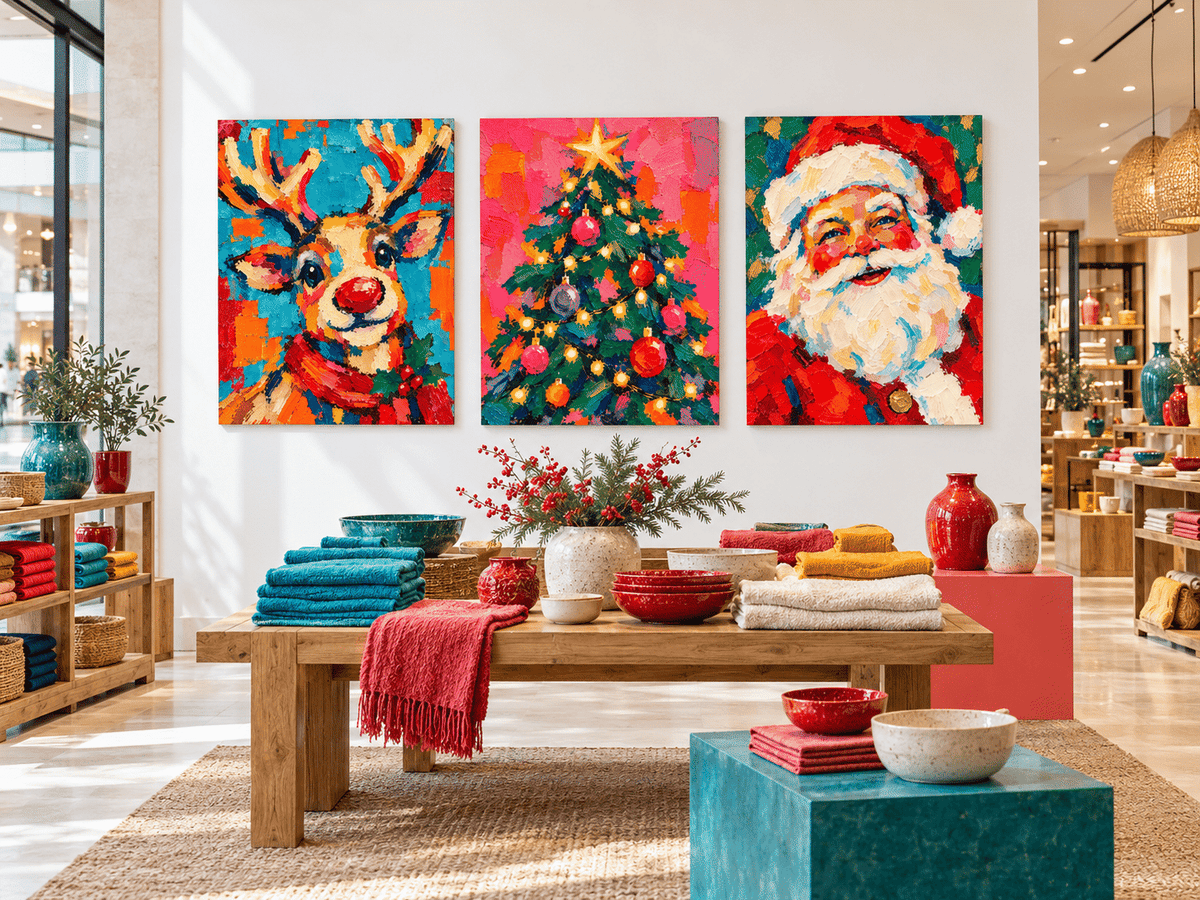 3P Hand-Painted Santa Reindeer Tree Christmas Canvas Art Set