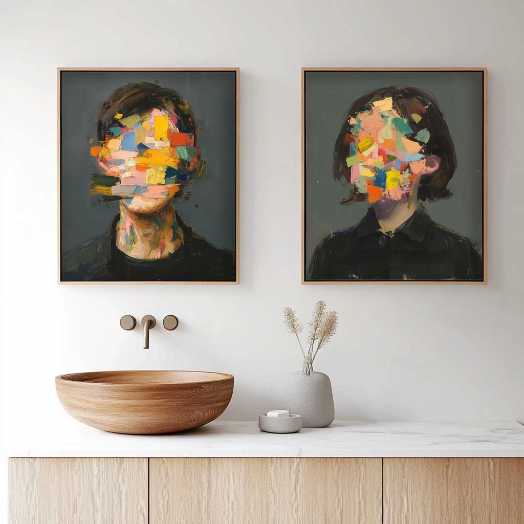 Set of 2 Abstract Painting Face Artwork Large Faceless Portrait Couple Painting Facial 3D Original Canvas Art