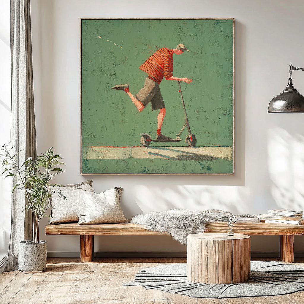 Landscape Green Wall Art Abstract Warm And Peaceful Atmosphere Minimalist Boy Riding A Scooter Painting