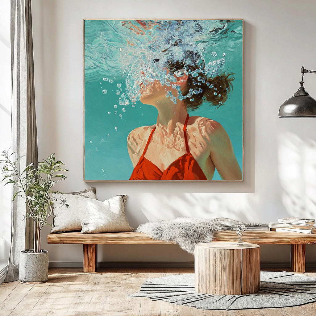 Square Diving In Ocean Sensual Woman Acrylic Painting Original Girl swimming Wall Art Lovely Lady Artwork