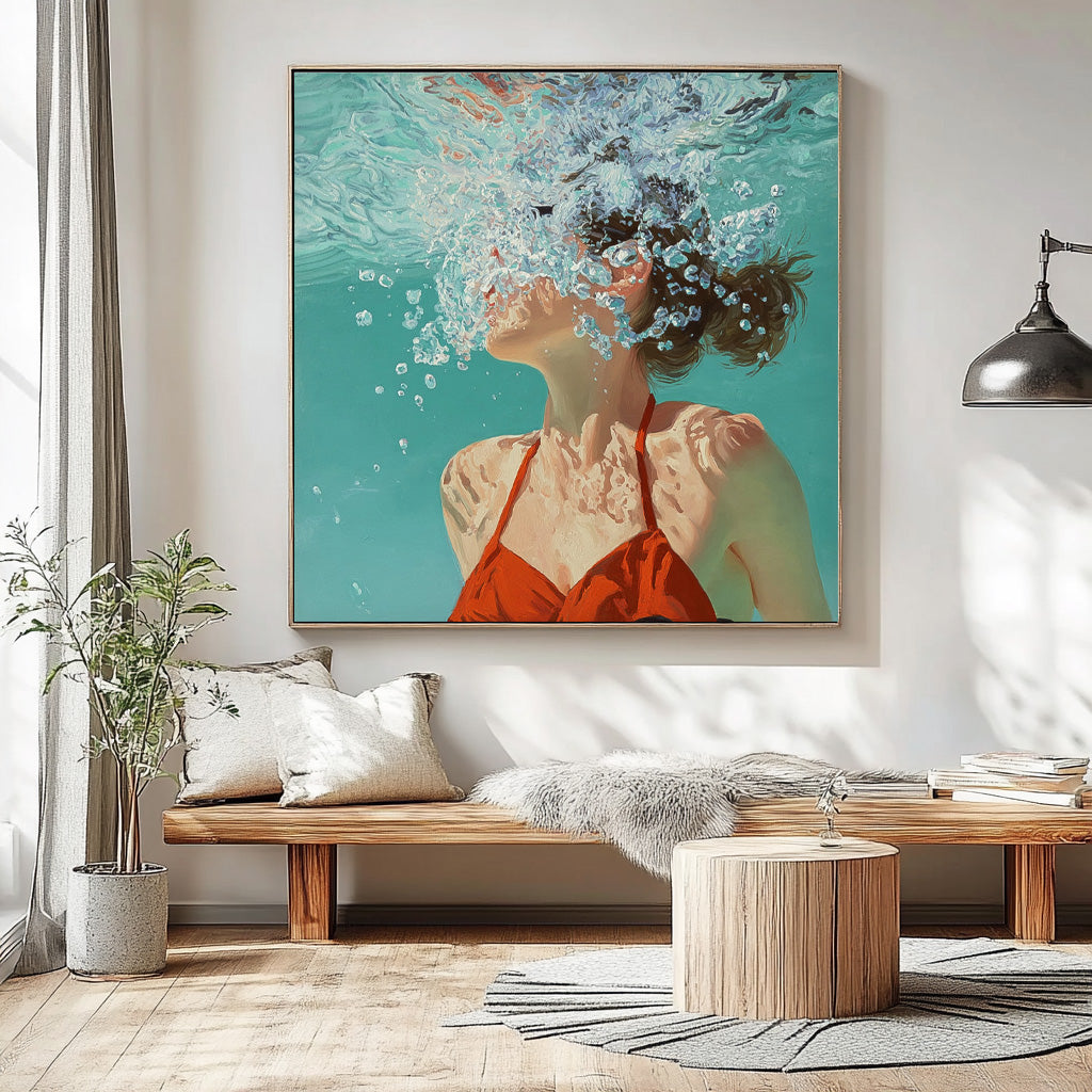 Square Diving In Ocean Sensual Woman Acrylic Painting Original Girl swimming Wall Art Lovely Lady Artwork