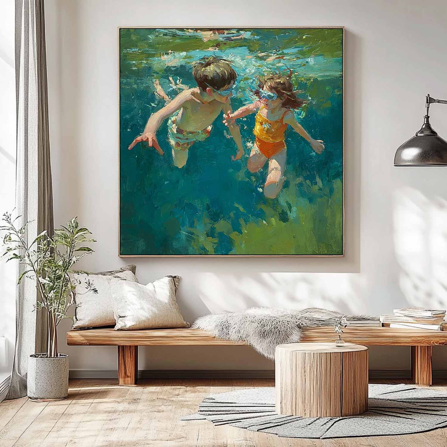 Square Diving In Ocean Acrylic Painting Two Children Artwork Original Child swimming Wall Art For Living Room