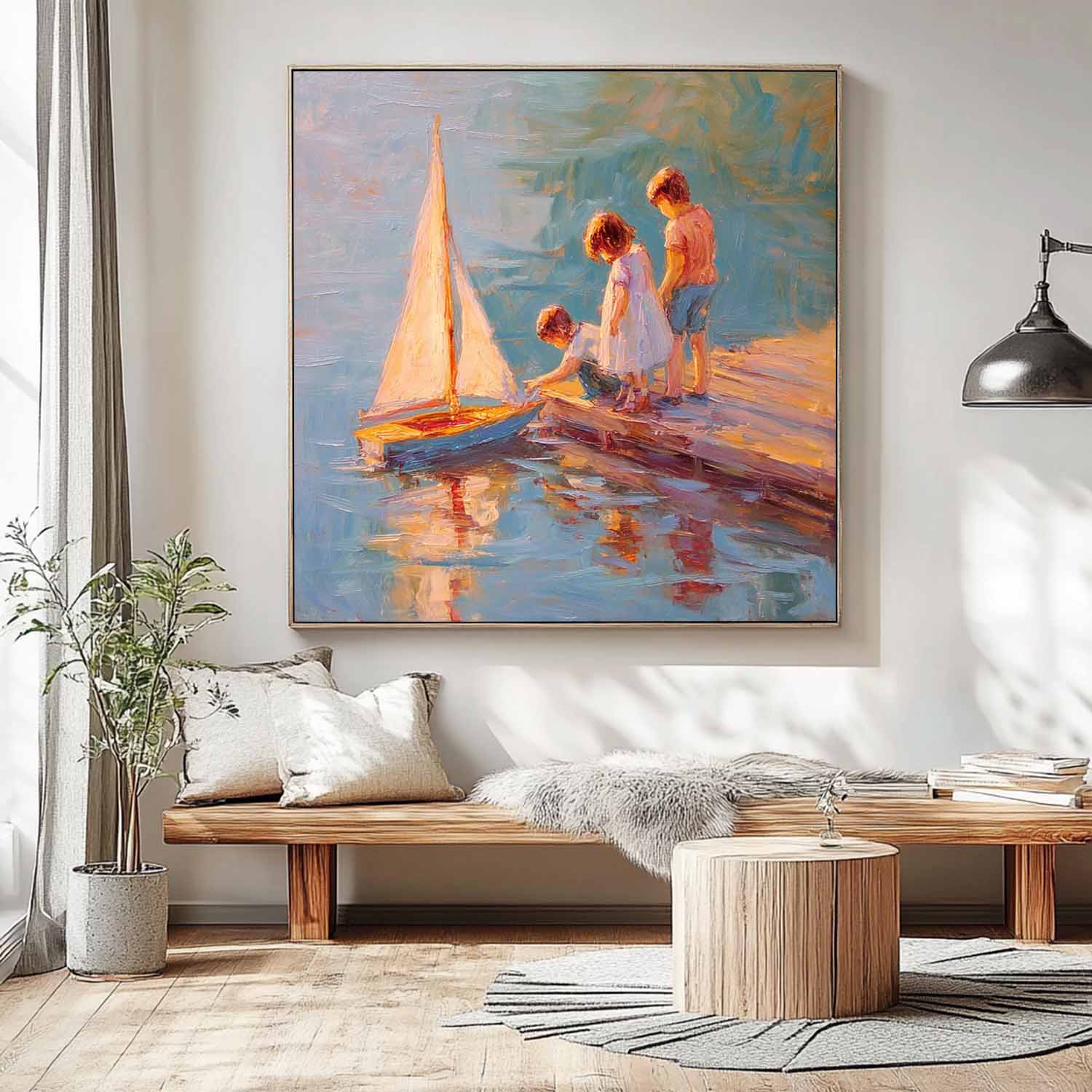 Vintage Childhood Sailboat Art Children By Lake Dock Oil Painting Warm Toned Wall Decor For Living Room