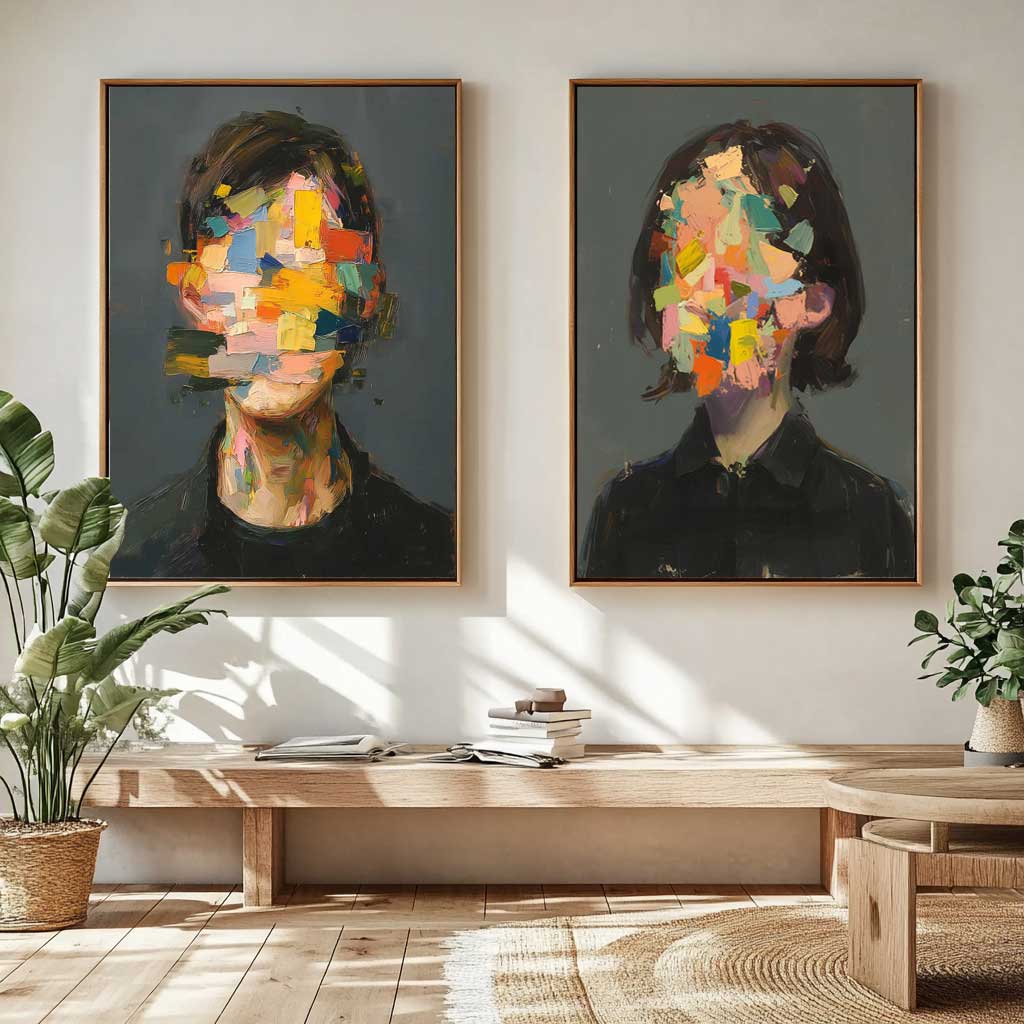 Set of 2 Abstract Painting Face Artwork Large Faceless Portrait Couple Painting Facial 3D Original Canvas Art