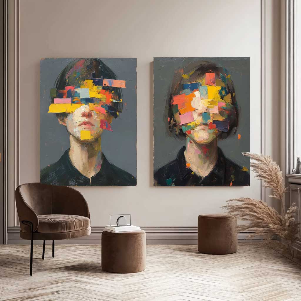 Set of 2 Large Faceless Portrait Couple Painting Abstract Painting Face Artwork Facial 3D Original Canvas Art