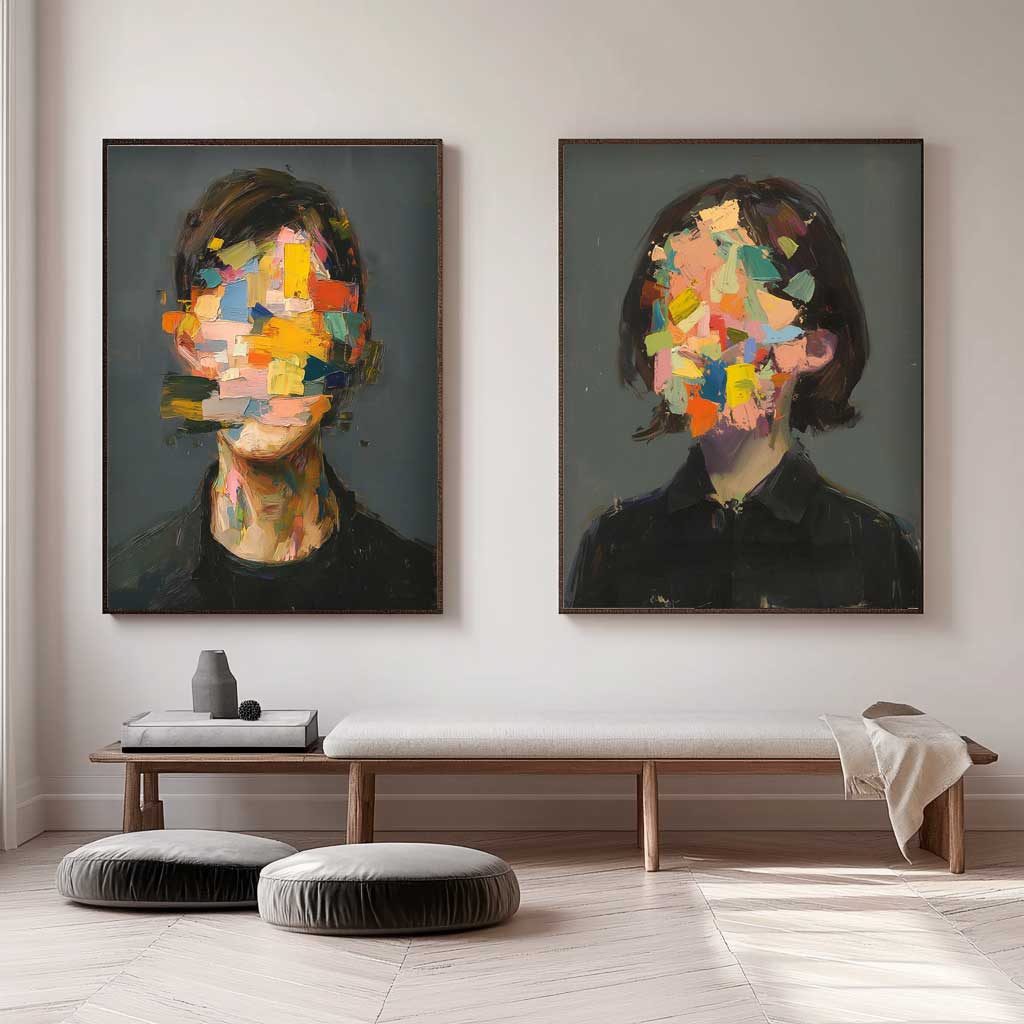 Set of 2 Abstract Painting Face Artwork Large Faceless Portrait Couple Painting Facial 3D Original Canvas Art