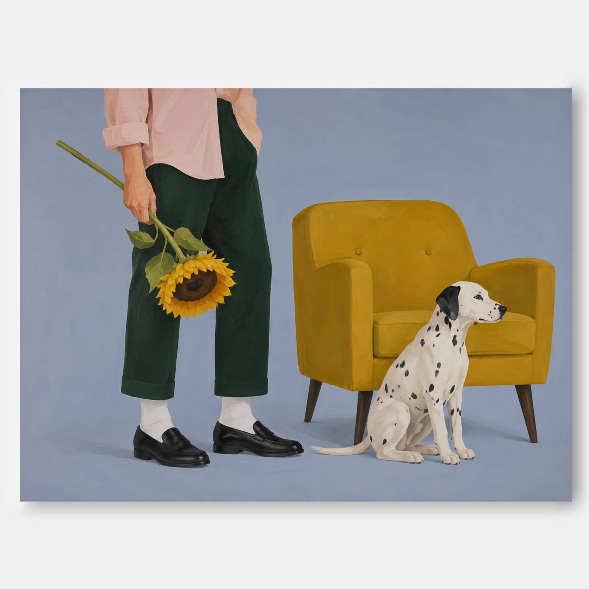 Modern Minimalist Figurative Oil Painting With Warm Tones Hand-Painted Canvas Of Man With Sunflower And Dog