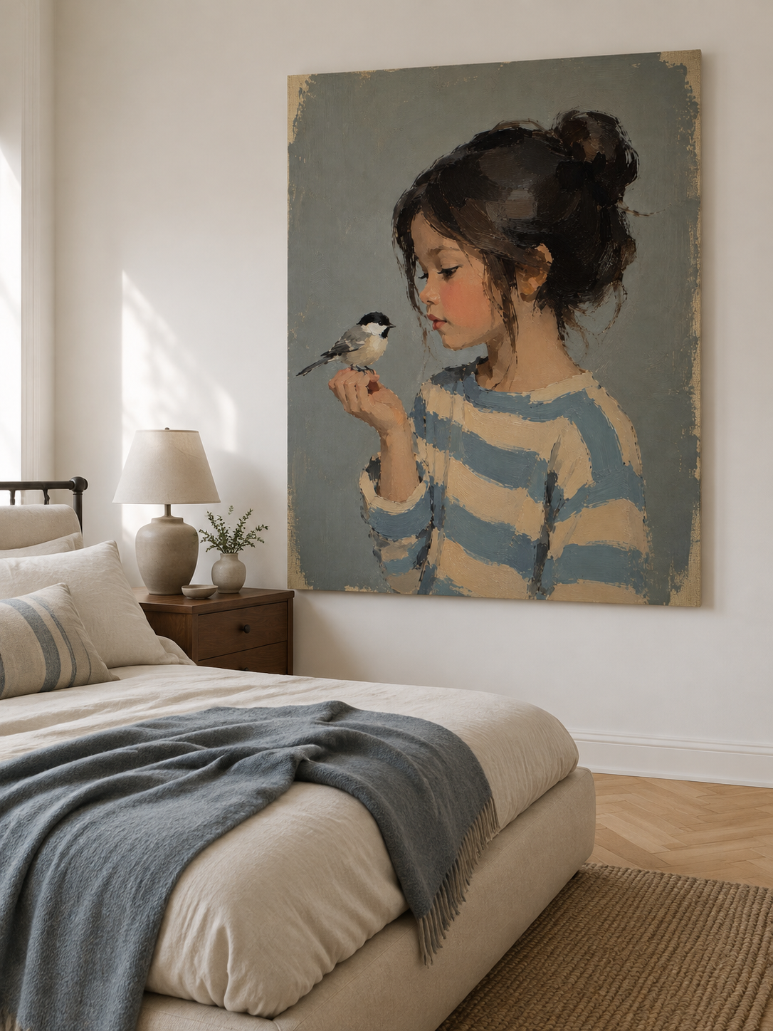 Modern Bedroom Wall Art Girl And Bird Painting Blue Beige Tones