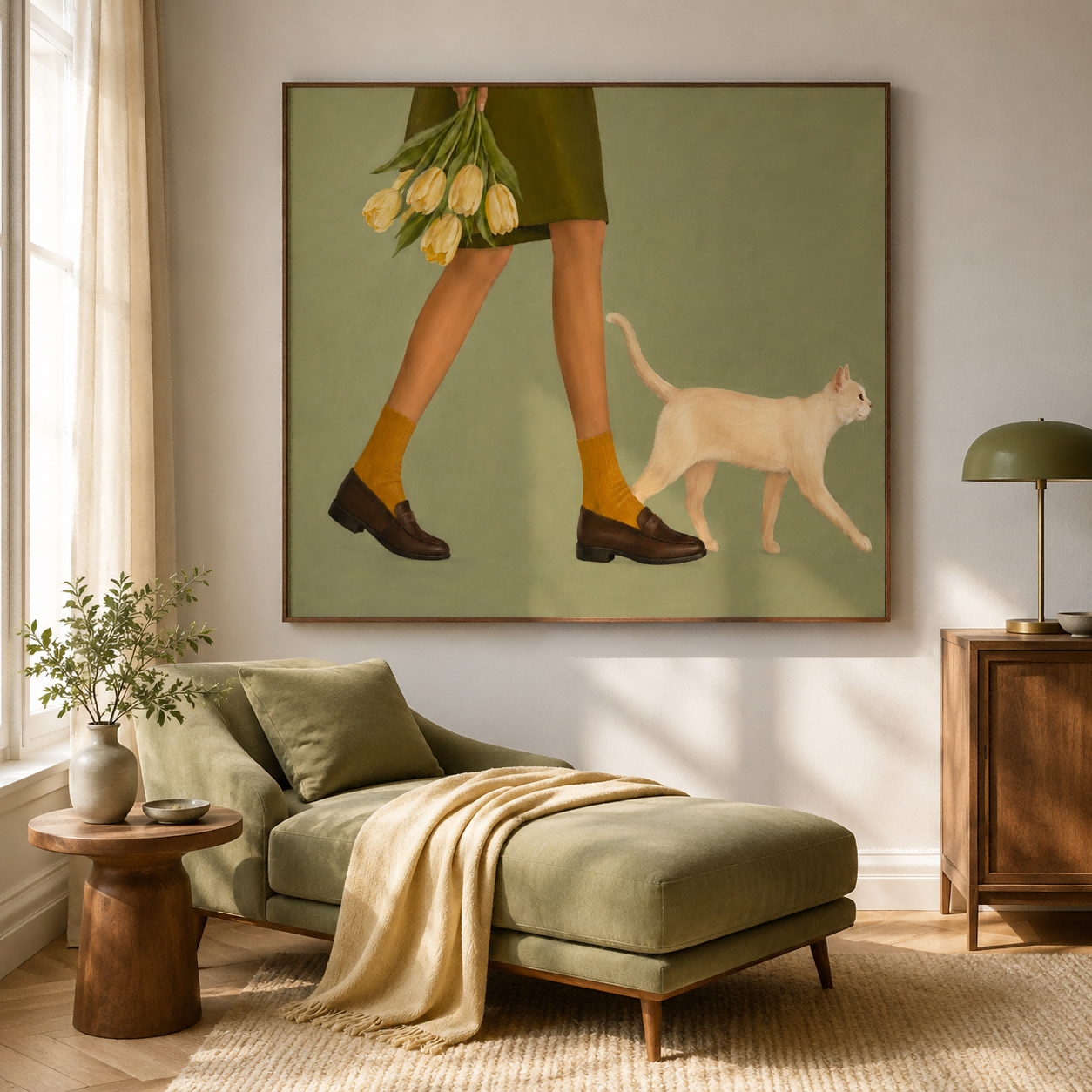 Minimalist Figurative Oil Painting Of Daily Life Moments Woman With Tulips And Cat Hand-Painted Canvas Art
