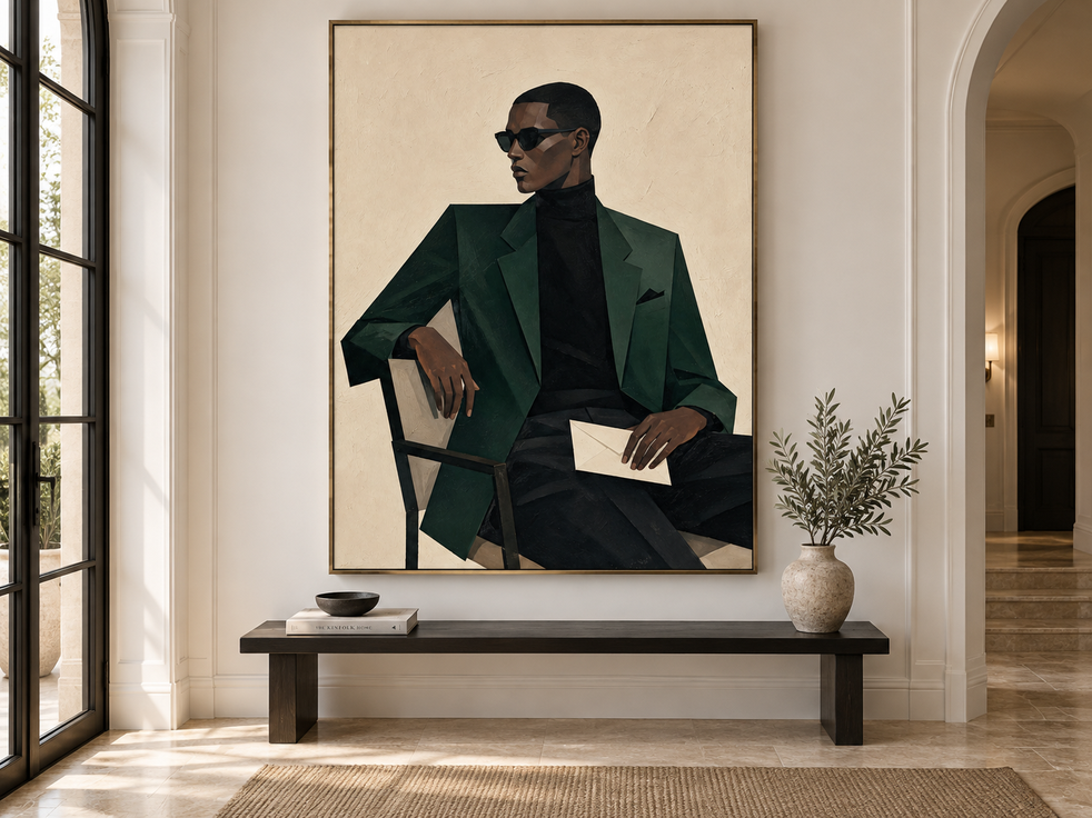 Minimalist Geometric Oil Painting Of A Man In Sunglasses And Suit