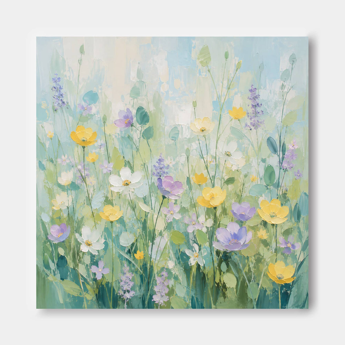 Hand-Painted Floral Meadow Canvas Art With Impasto Texture For Modern Home