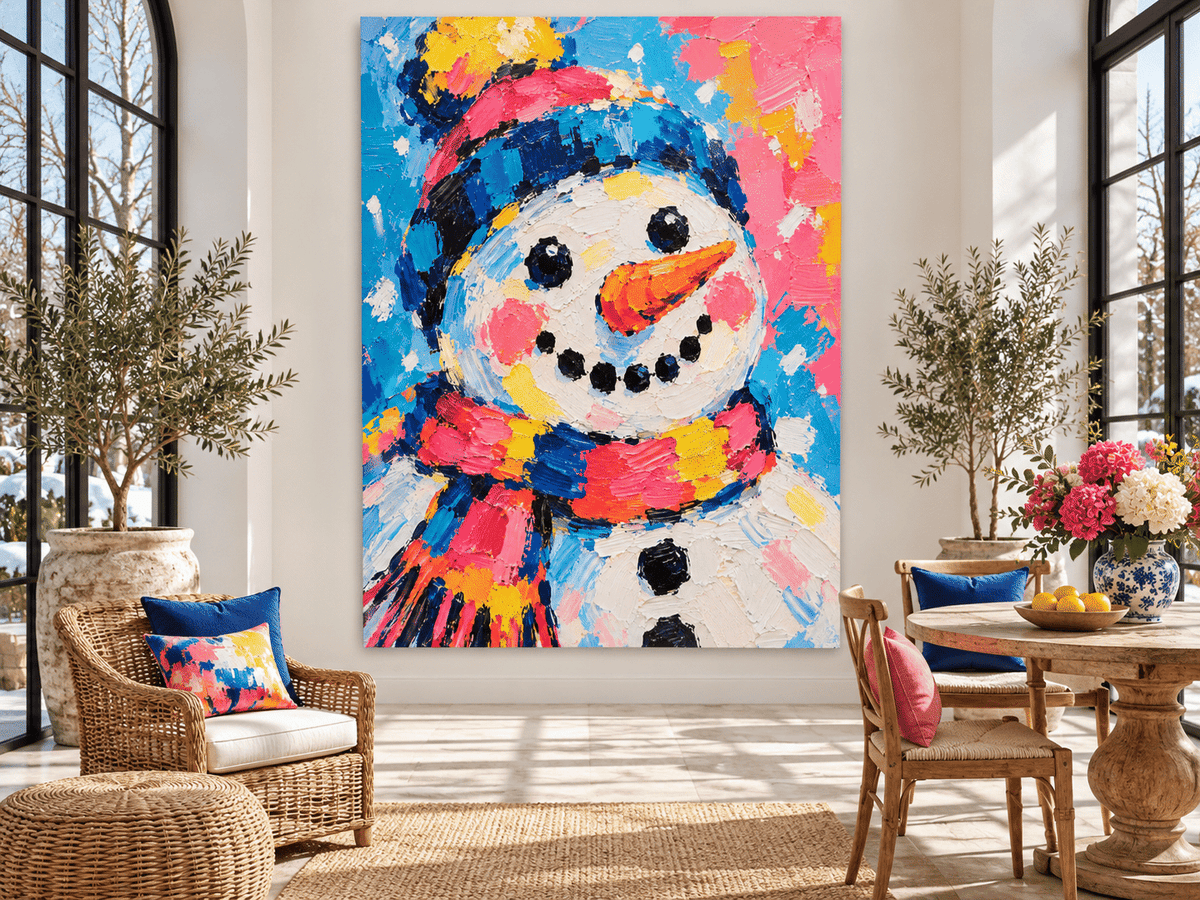 Modern Naive Art Snowman Painting High Saturation Pink Blue Yellow Textured Original Art