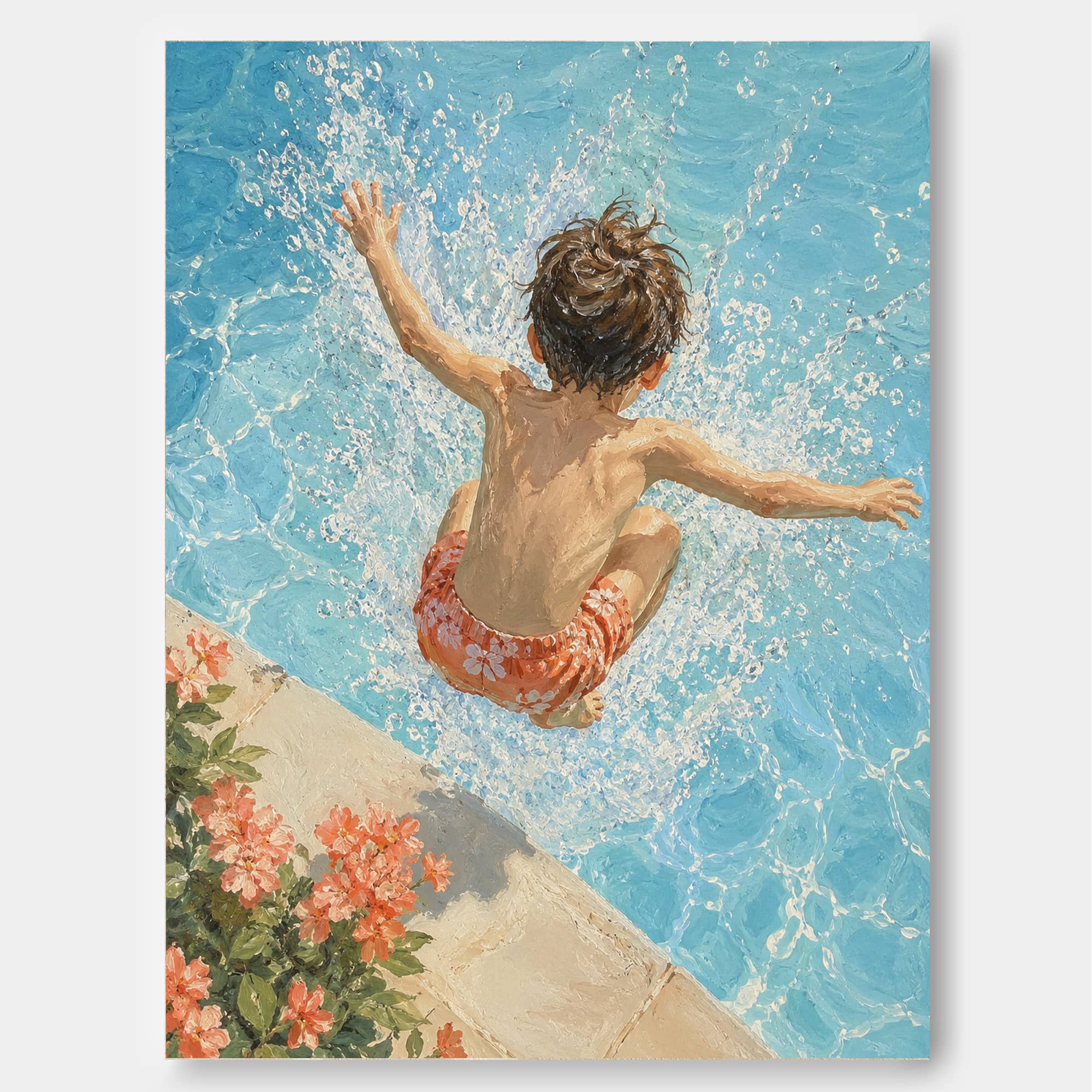 Realistic Impressionist Swimming Pool Art Hand Painted Canvas For Beach House Decor