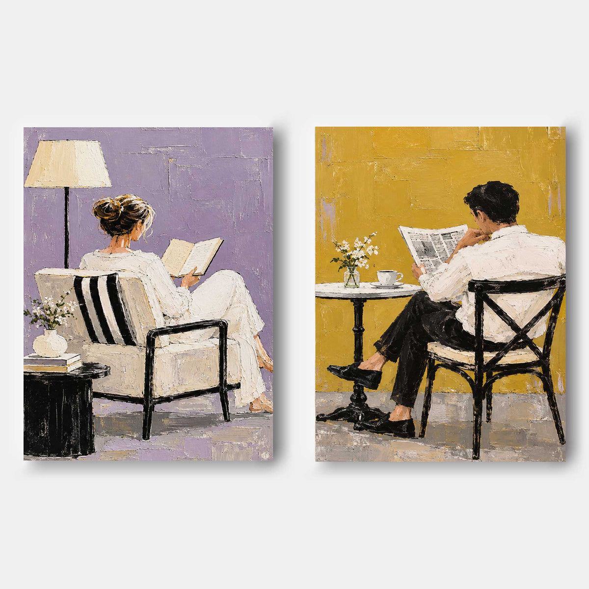Hand-Painted Couple Reading Diptych Modern Wall Art Purple Yellow