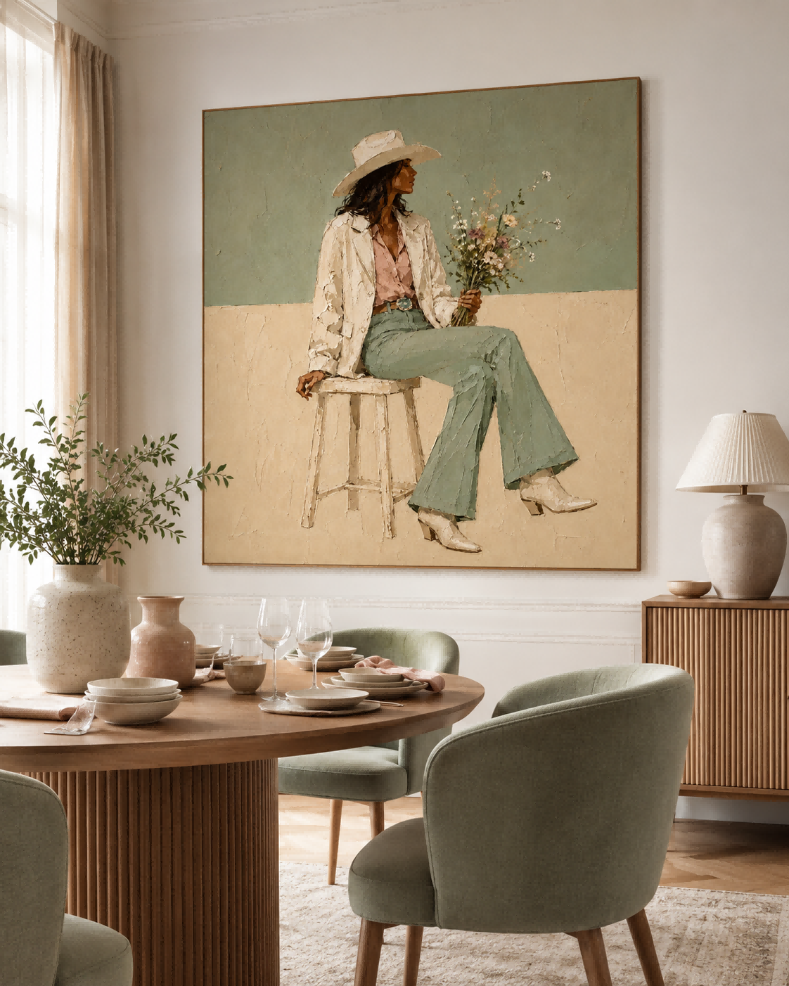 Stylish Cowboy Woman Portrait With Wildflowers In Sage Green And Beige Tones For Modern Farmhouse Decor