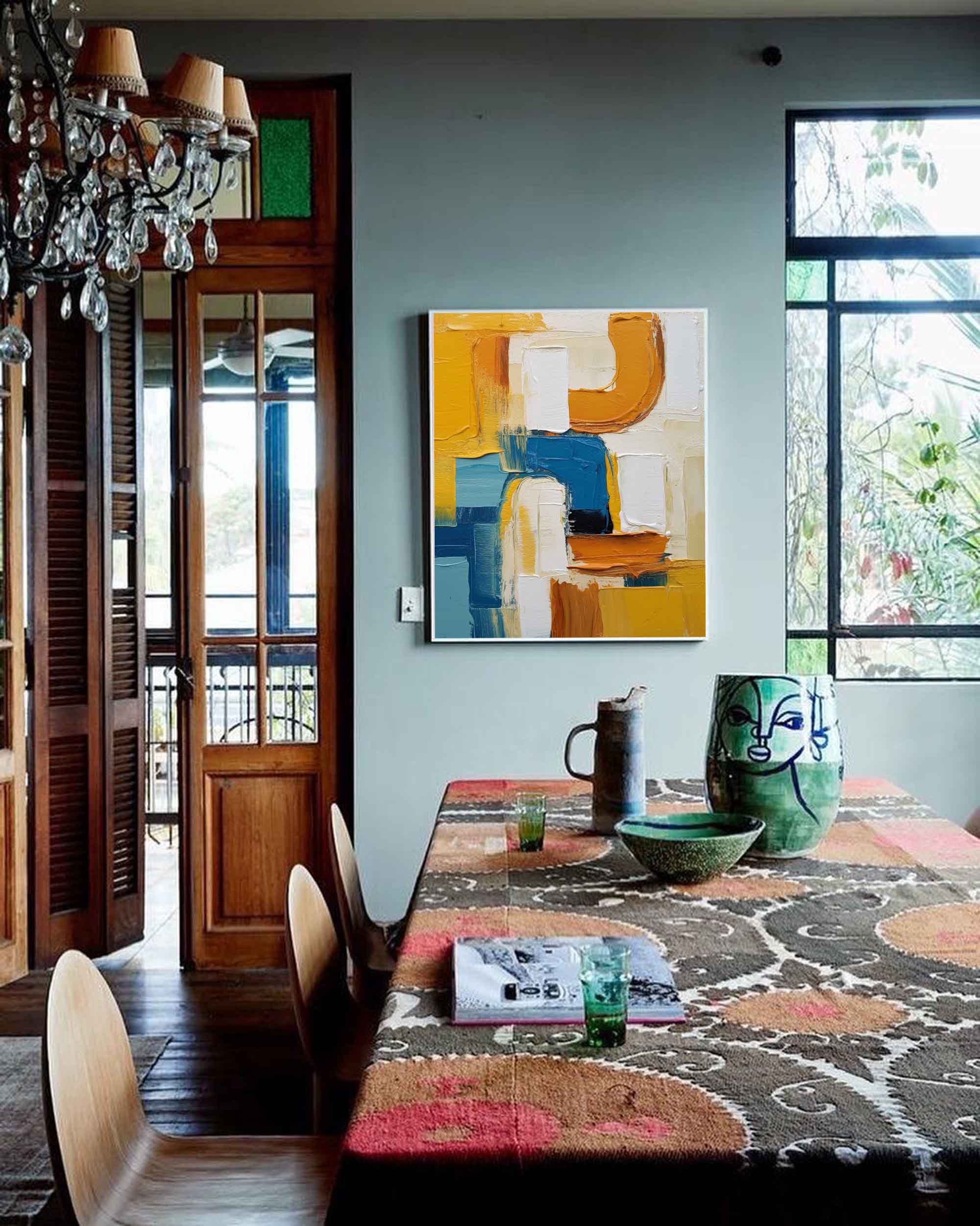 Large Textured Modern Abstract Wall Art Original Geometric Canvas Oil Painting Vibrant Yellow And Blue Acrylic Painting Living Room Decor