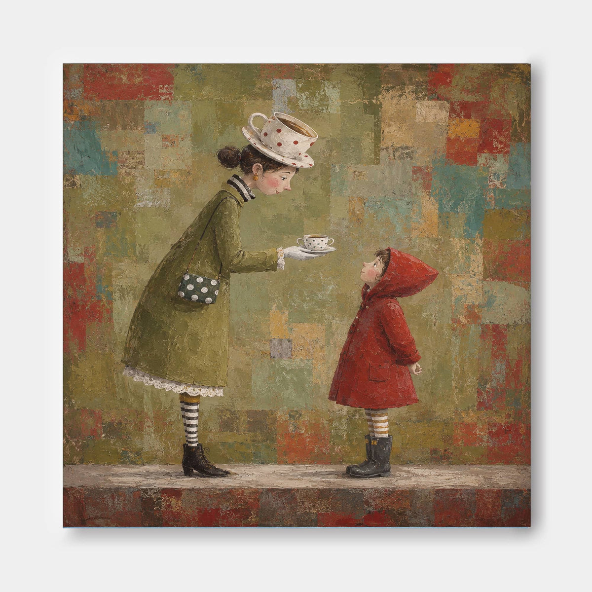 Hand-Painted Woman And Child Canvas Art With Vintage Tea Theme