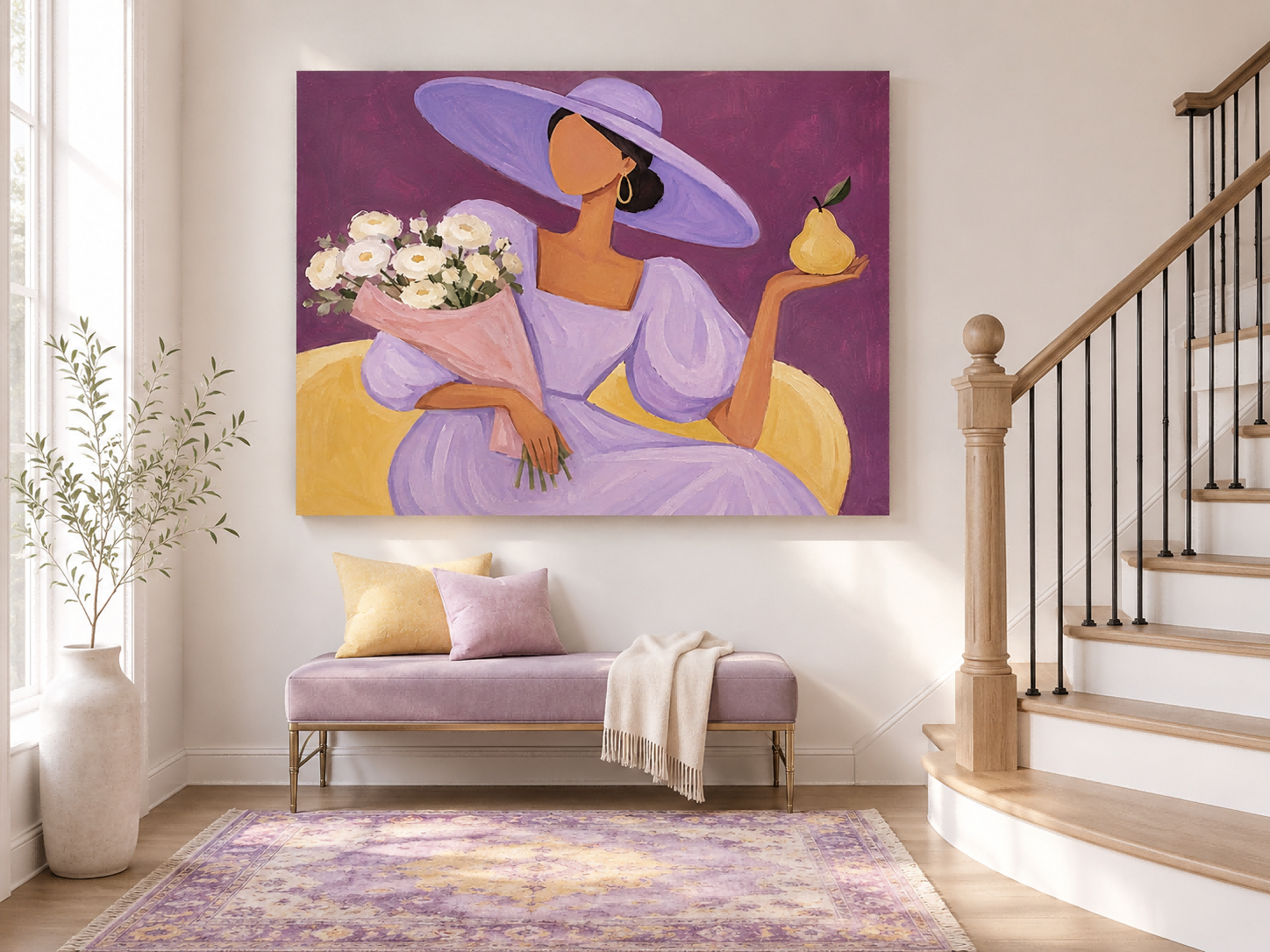 Abstract Female Figure With Yellow Pear And White Roses Modern Art Print Square Framed Canvas