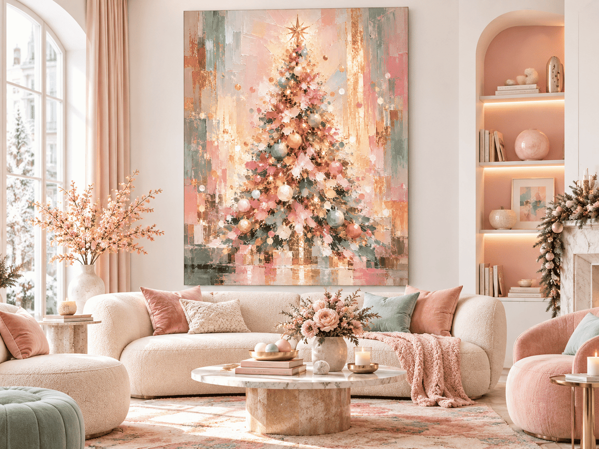 Hand-Painted Abstract Christmas Tree Canvas Art In Pink And Gold Modern Vintage Abstract Painting